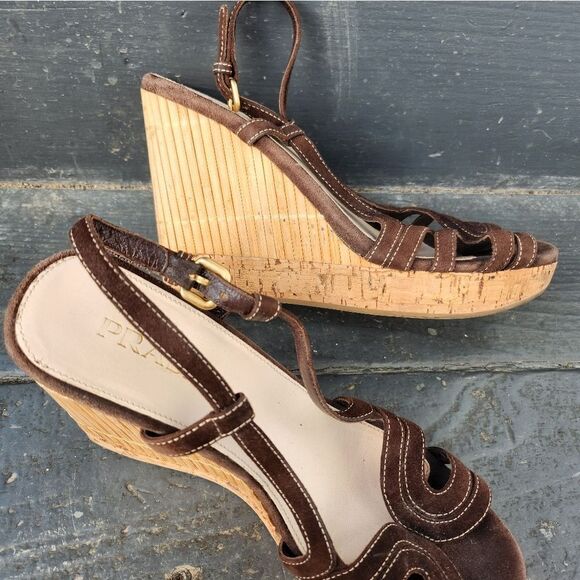 Prada Brown Brown Suede Bamboo Wedges - Picture 9 of 9